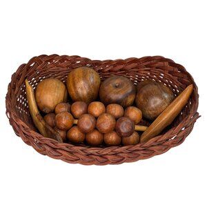 Handcrafted Wooden Faux Fruit & Veggie Décor In Woven Basket Apple Grapes Pear
